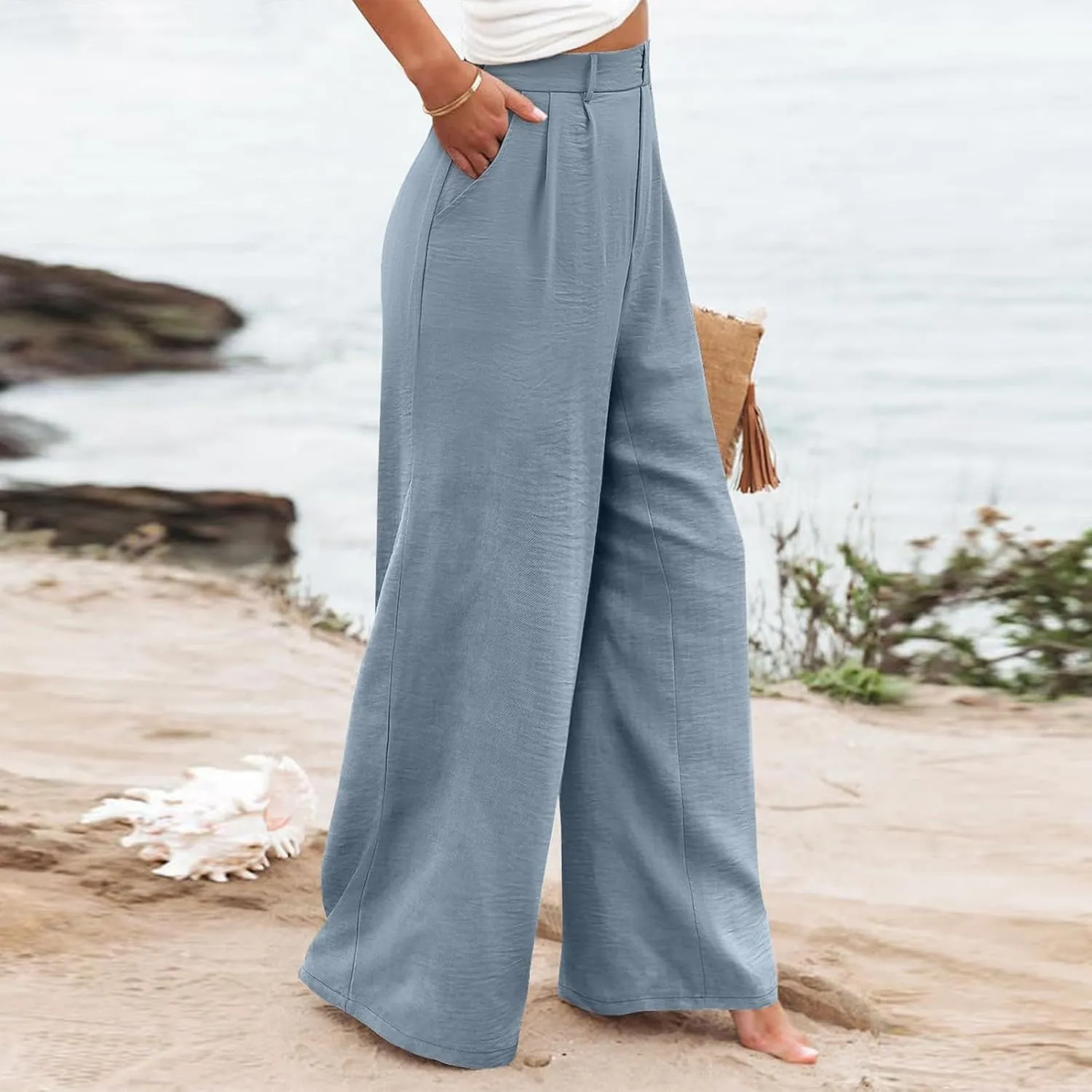 eoeioa Pull on Dress Pants for Women Elastic High Waisted Palazzo Pants Business Work Pants Wide Leg Beach Pants with Pockets