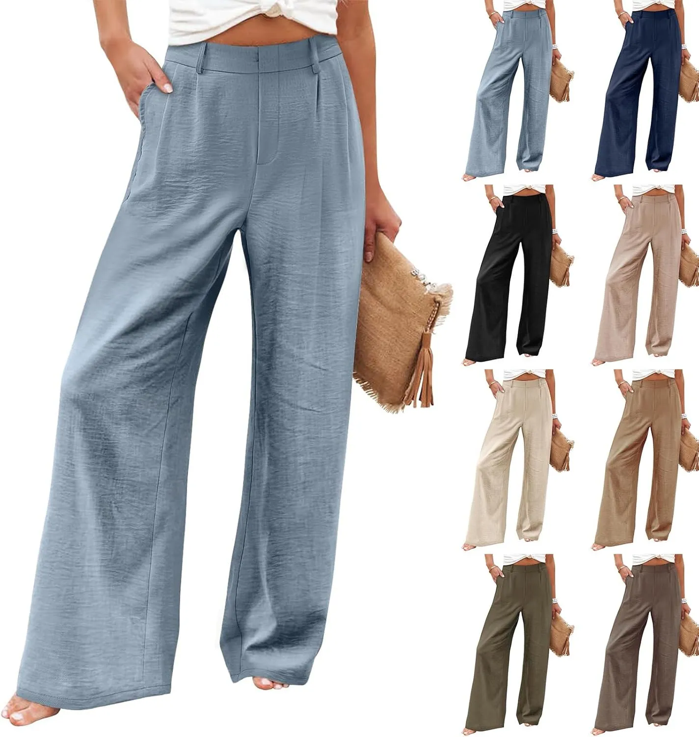 eoeioa Pull on Dress Pants for Women Elastic High Waisted Palazzo Pants Business Work Pants Wide Leg Beach Pants with Pockets