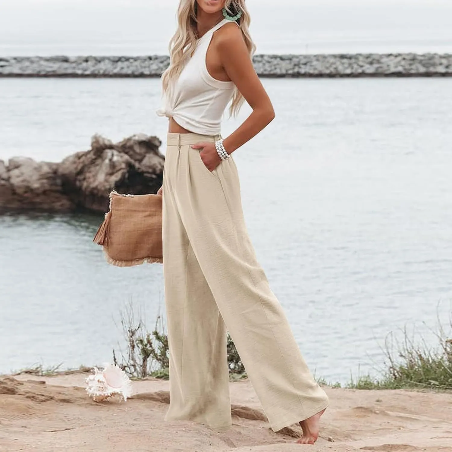 eoeioa Pull on Dress Pants for Women Elastic High Waisted Palazzo Pants Business Work Pants Wide Leg Beach Pants with Pockets
