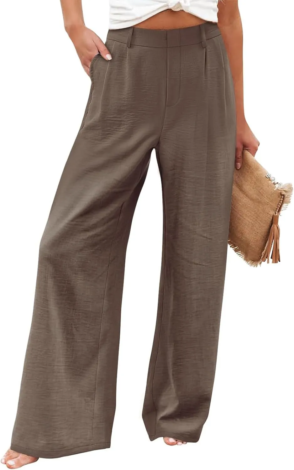 eoeioa Pull on Dress Pants for Women Elastic High Waisted Palazzo Pants Business Work Pants Wide Leg Beach Pants with Pockets
