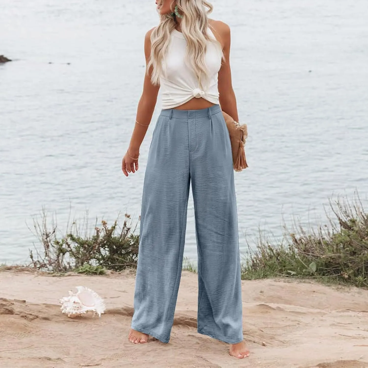 eoeioa Pull on Dress Pants for Women Elastic High Waisted Palazzo Pants Business Work Pants Wide Leg Beach Pants with Pockets