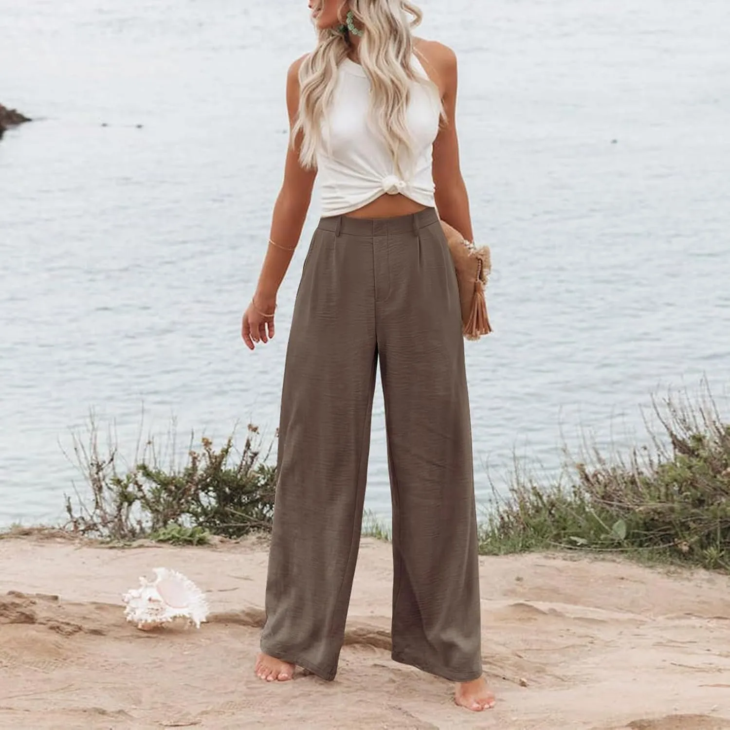 eoeioa Pull on Dress Pants for Women Elastic High Waisted Palazzo Pants Business Work Pants Wide Leg Beach Pants with Pockets