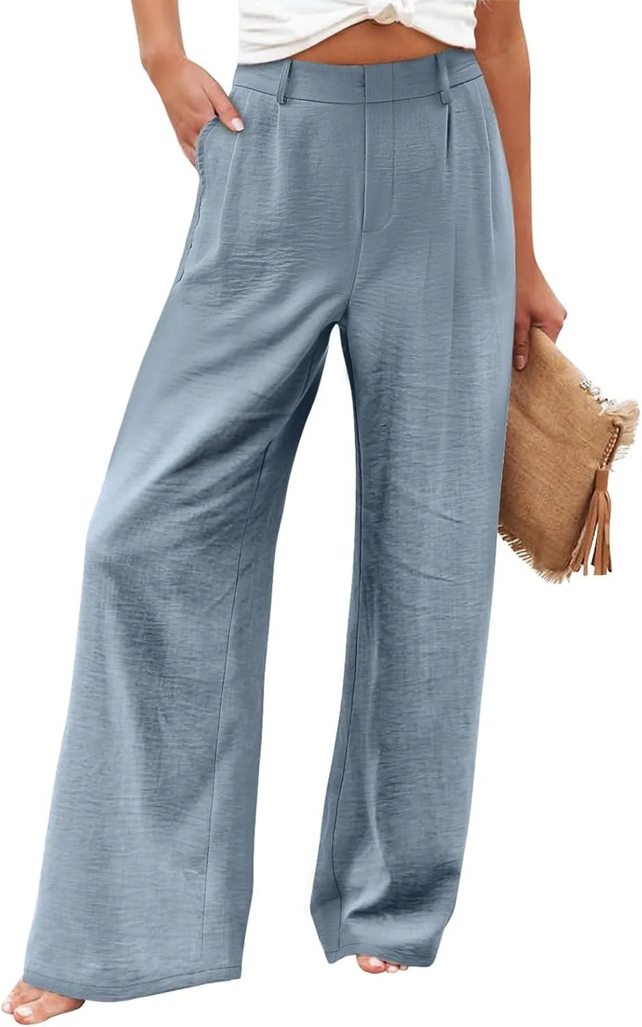 eoeioa Pull on Dress Pants for Women Elastic High Waisted Palazzo Pants Business Work Pants Wide Leg Beach Pants with Pockets
