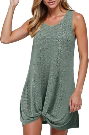 Eyelet Sundresses for Women Sexy Crew Neck Sleeveless Beach Dress Classy Summer Hawaiian Travel Outfits for Women