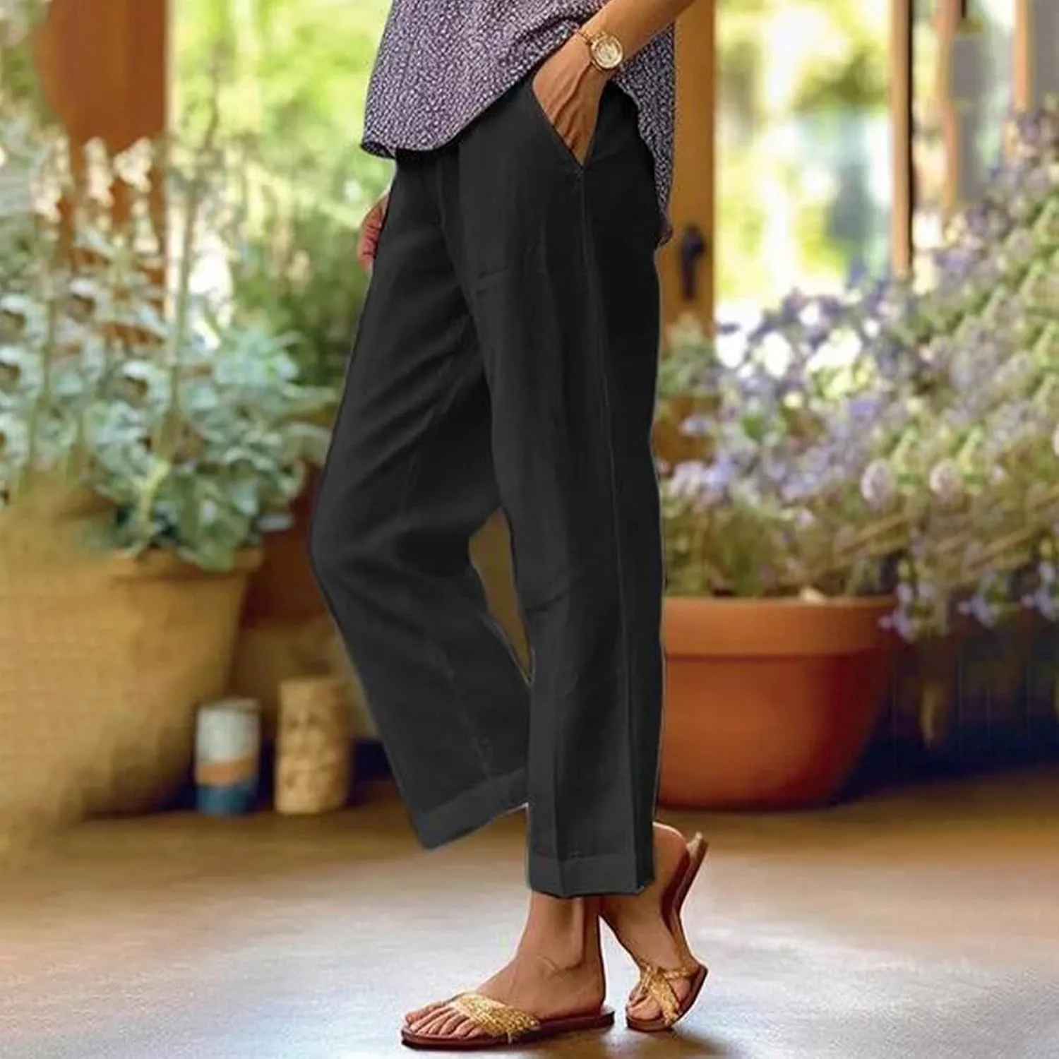 fanmpghleoo Cotton Linen Pants Women Summer Elastic Waist Casual Cropped Pants Plus Size Straight Leg Trousers with Pockets
