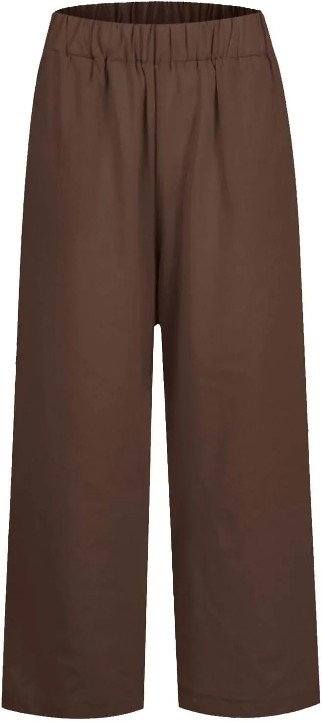 fanmpghleoo Cotton Linen Pants Women Summer Elastic Waist Casual Cropped Pants Plus Size Straight Leg Trousers with Pockets