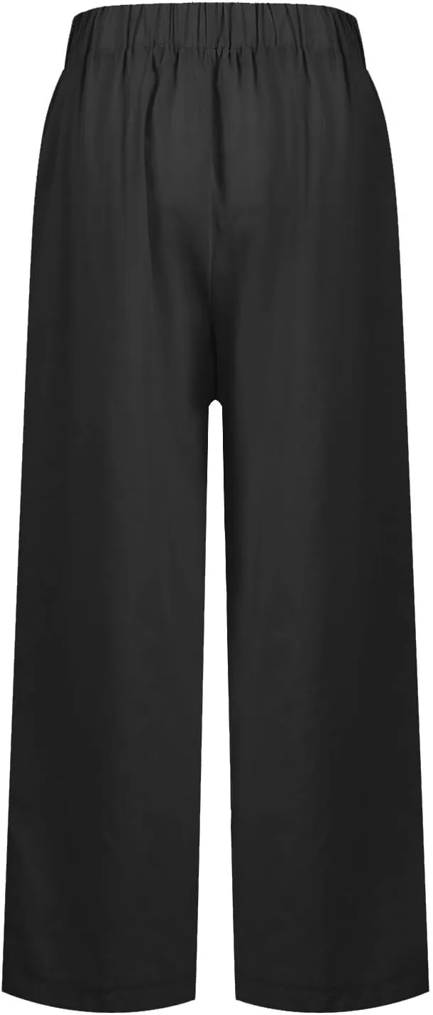 fanmpghleoo Cotton Linen Pants Women Summer Elastic Waist Casual Cropped Pants Plus Size Straight Leg Trousers with Pockets