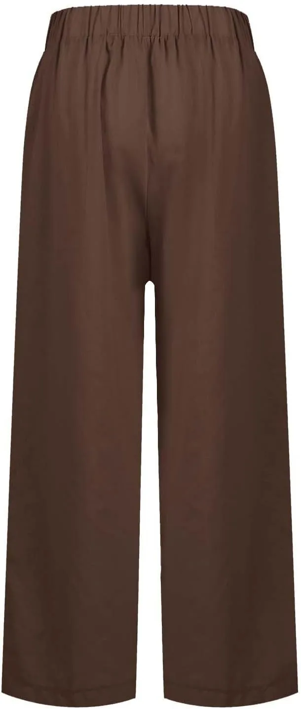 fanmpghleoo Cotton Linen Pants Women Summer Elastic Waist Casual Cropped Pants Plus Size Straight Leg Trousers with Pockets