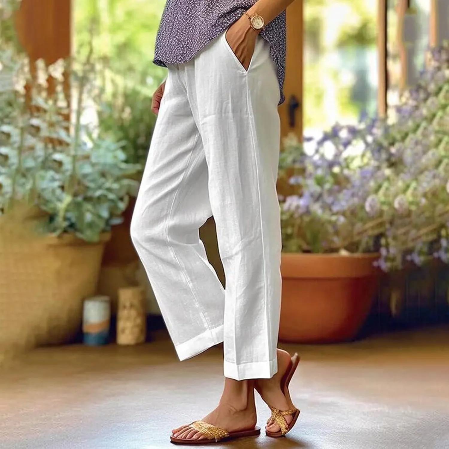 fanmpghleoo Cotton Linen Pants Women Summer Elastic Waist Casual Cropped Pants Plus Size Straight Leg Trousers with Pockets