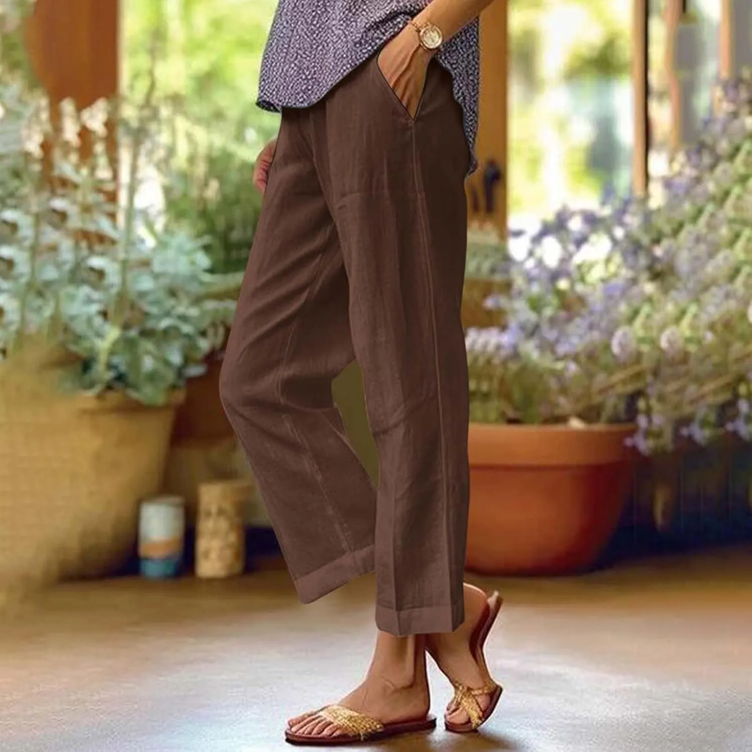 fanmpghleoo Cotton Linen Pants Women Summer Elastic Waist Casual Cropped Pants Plus Size Straight Leg Trousers with Pockets