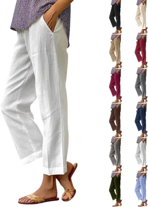 fanmpghleoo Cotton Linen Pants Women Summer Elastic Waist Casual Cropped Pants Plus Size Straight Leg Trousers with Pockets