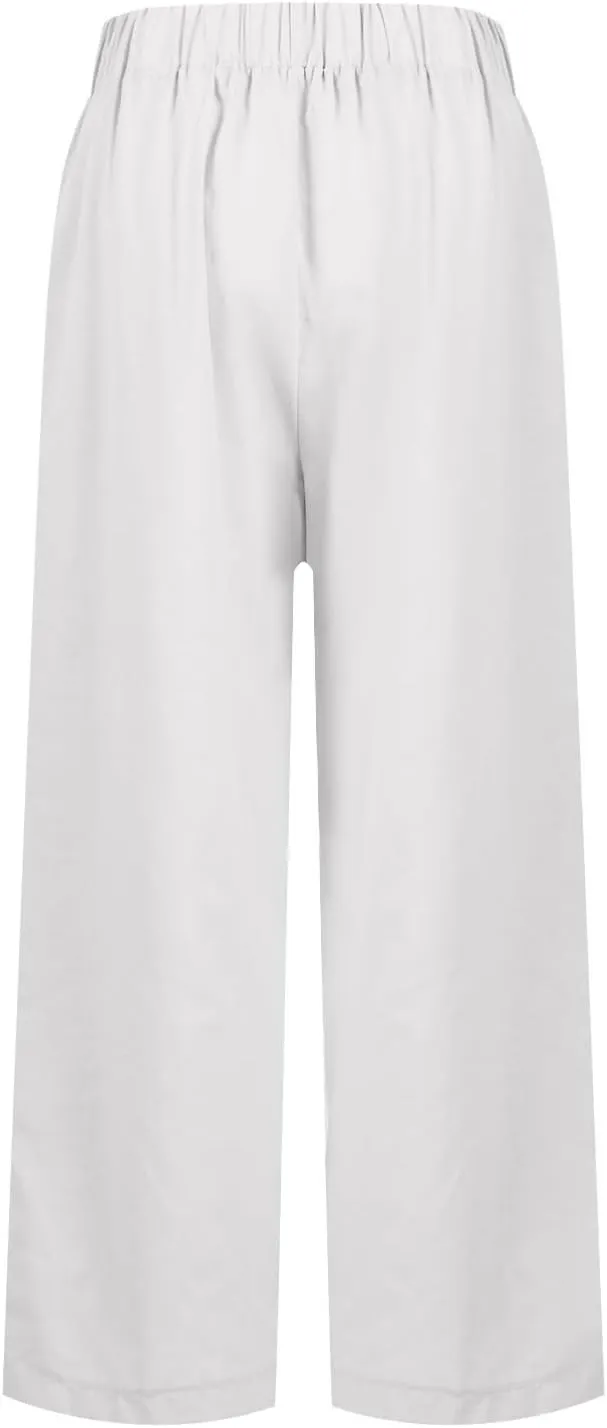 fanmpghleoo Cotton Linen Pants Women Summer Elastic Waist Casual Cropped Pants Plus Size Straight Leg Trousers with Pockets