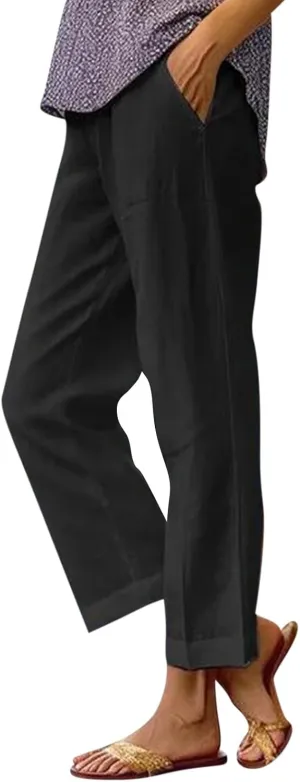 fanmpghleoo Cotton Linen Pants Women Summer Elastic Waist Casual Cropped Pants Plus Size Straight Leg Trousers with Pockets