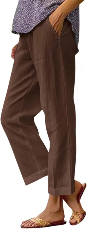 fanmpghleoo Cotton Linen Pants Women Summer Elastic Waist Casual Cropped Pants Plus Size Straight Leg Trousers with Pockets