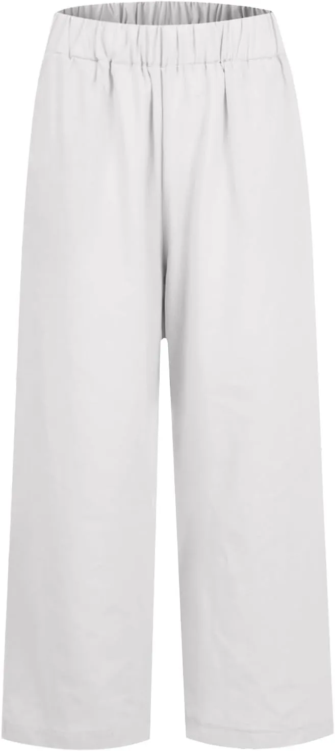 fanmpghleoo Cotton Linen Pants Women Summer Elastic Waist Casual Cropped Pants Plus Size Straight Leg Trousers with Pockets