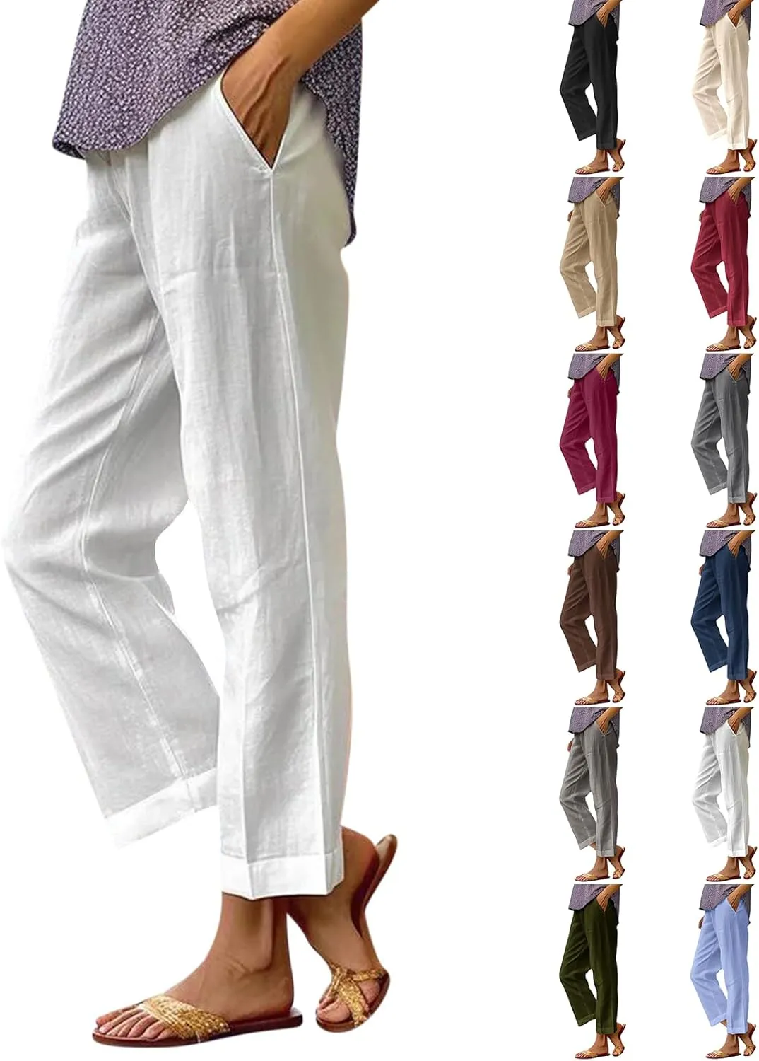 fanmpghleoo Cotton Linen Pants Women Summer Elastic Waist Casual Cropped Pants Plus Size Straight Leg Trousers with Pockets