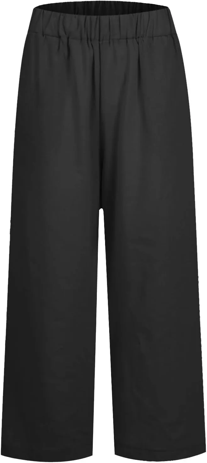 fanmpghleoo Cotton Linen Pants Women Summer Elastic Waist Casual Cropped Pants Plus Size Straight Leg Trousers with Pockets