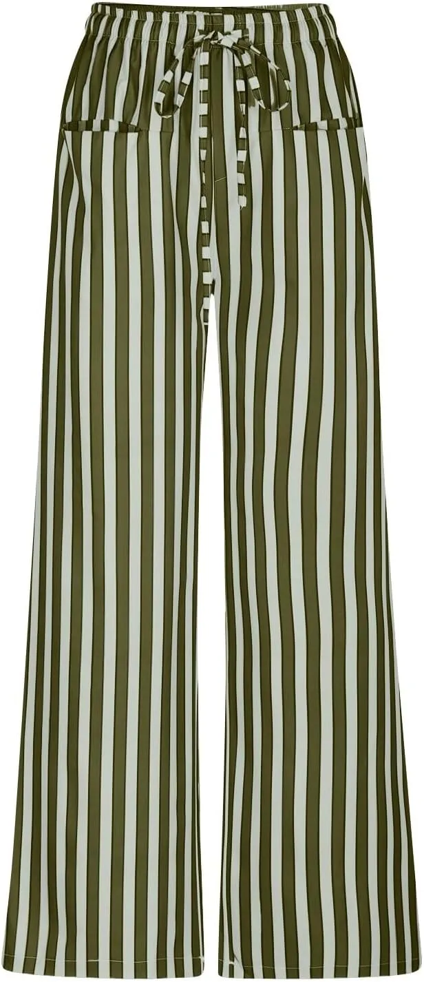 fanmpghleoo Drawstring Striped Pants Women Low Rise Wide Leg Pants Comfy Lounge Pants with Pockets Straight Leg Trousers