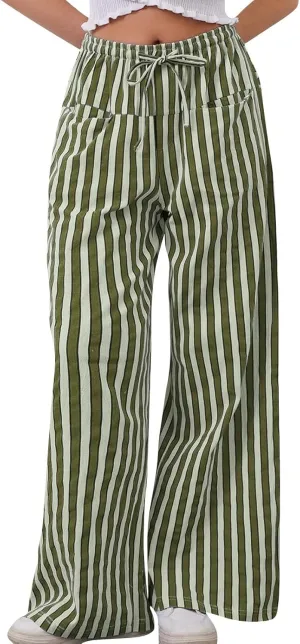 fanmpghleoo Drawstring Striped Pants Women Low Rise Wide Leg Pants Comfy Lounge Pants with Pockets Straight Leg Trousers