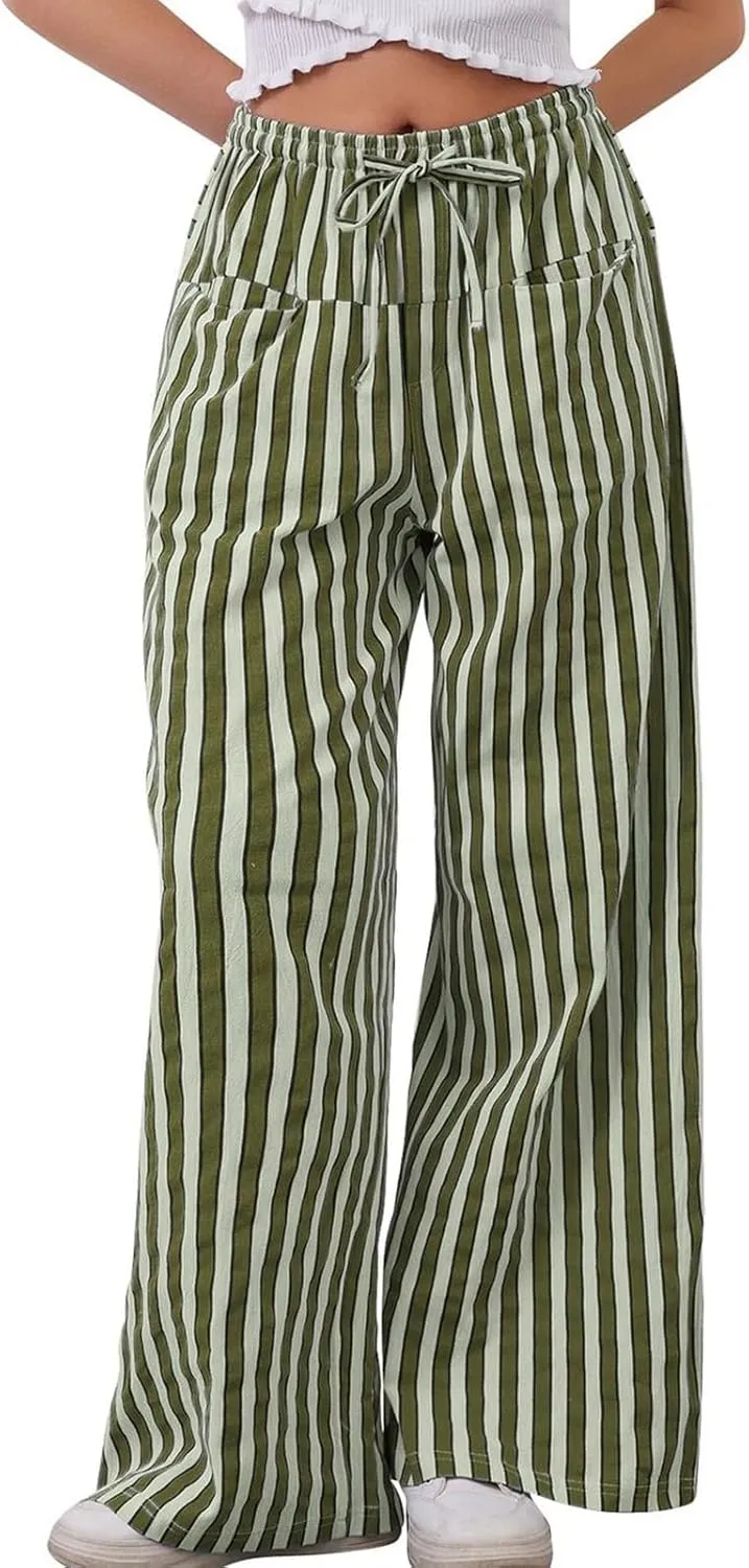 fanmpghleoo Drawstring Striped Pants Women Low Rise Wide Leg Pants Comfy Lounge Pants with Pockets Straight Leg Trousers