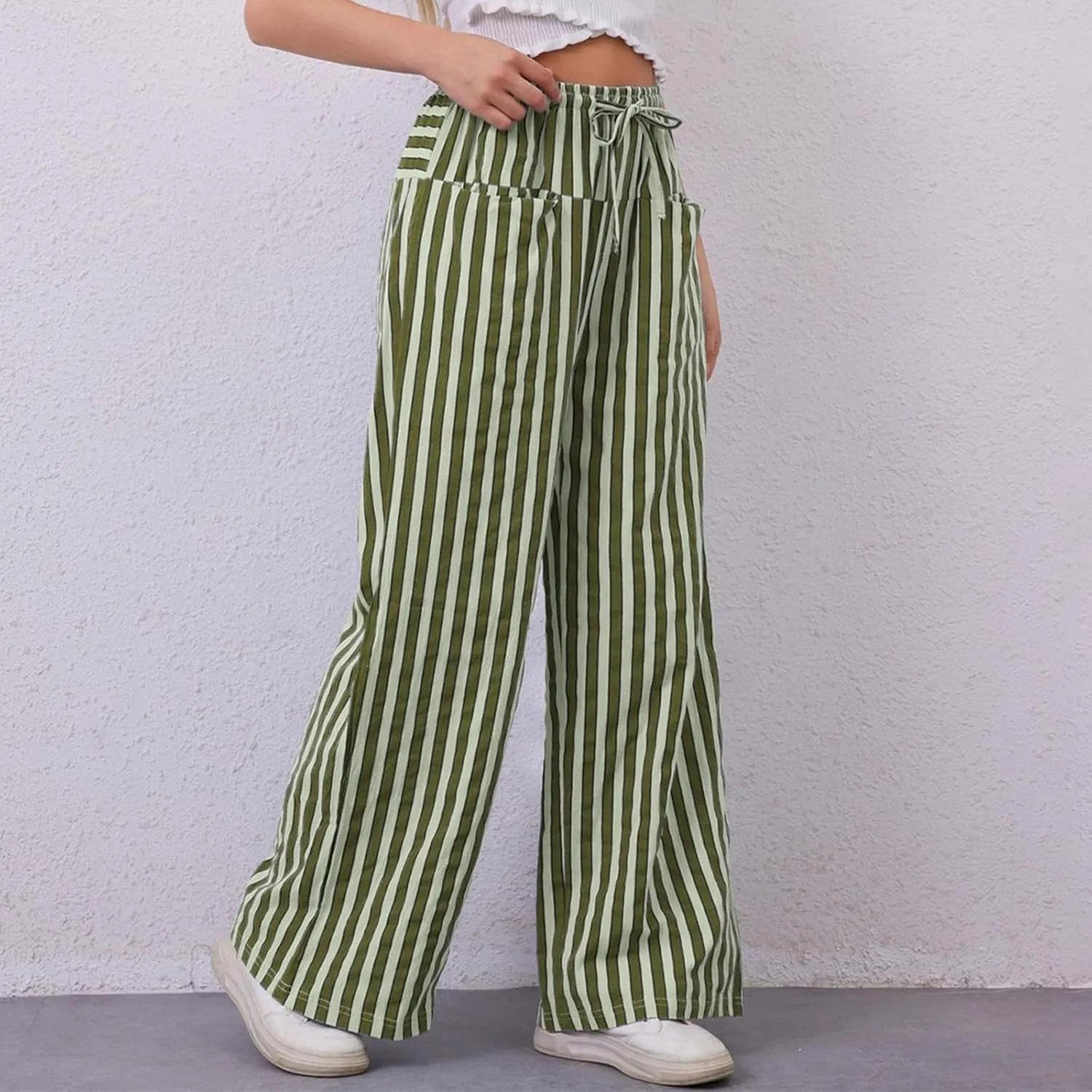 fanmpghleoo Drawstring Striped Pants Women Low Rise Wide Leg Pants Comfy Lounge Pants with Pockets Straight Leg Trousers