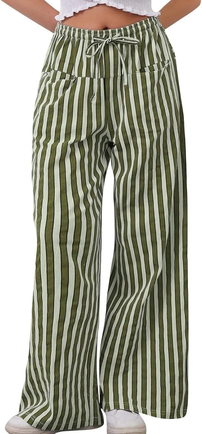 fanmpghleoo Drawstring Striped Pants Women Low Rise Wide Leg Pants Comfy Lounge Pants with Pockets Straight Leg Trousers