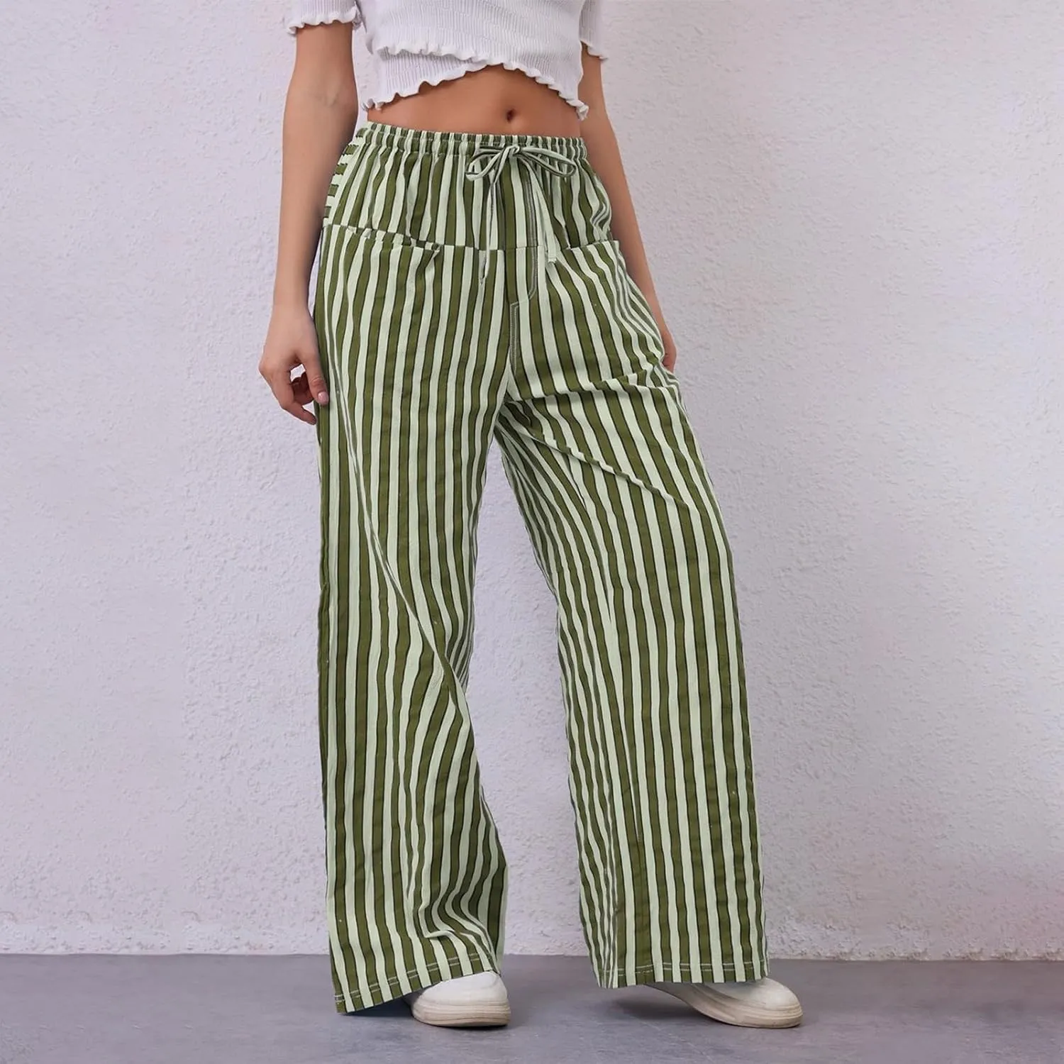 fanmpghleoo Drawstring Striped Pants Women Low Rise Wide Leg Pants Comfy Lounge Pants with Pockets Straight Leg Trousers