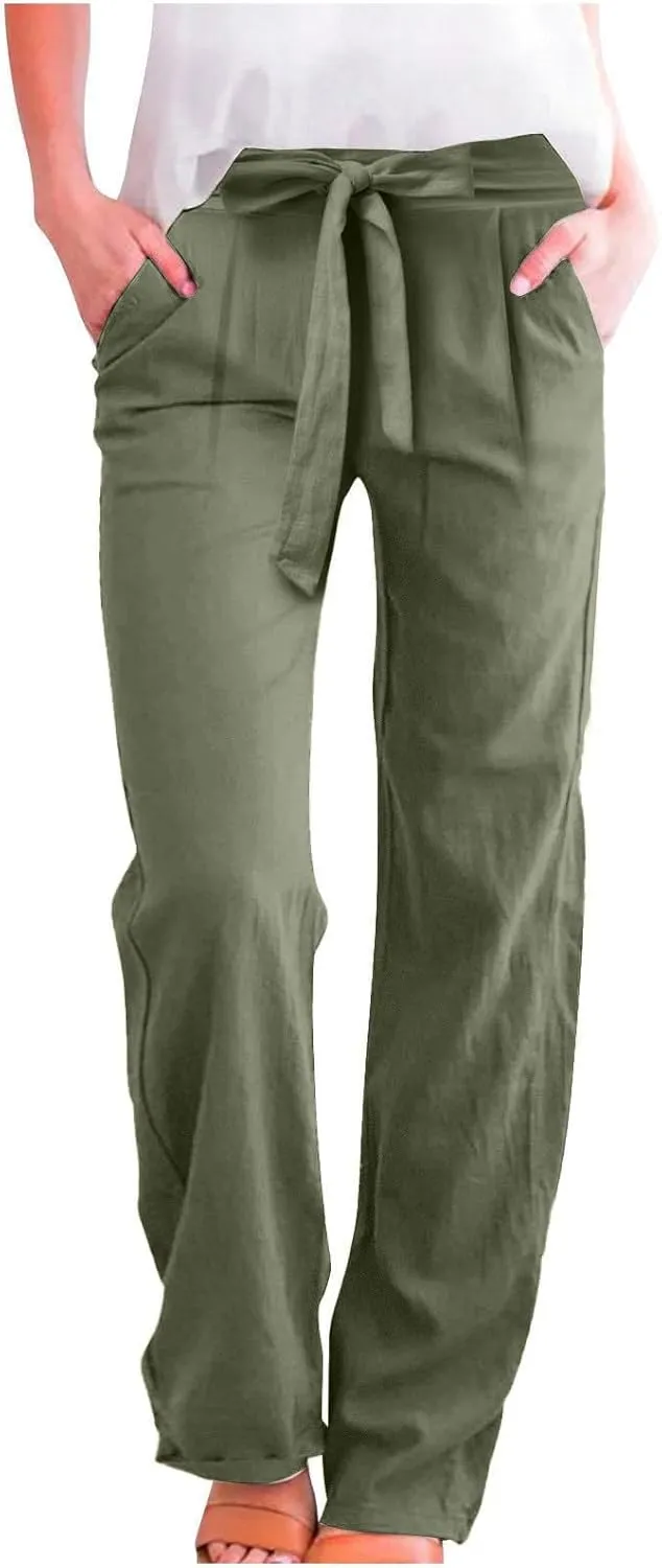 fanmpghleoo Linen Pants Women Summer Adjustable Tie Knot Straight Leg Trouser High Rise Lightweight Beach Pants with Pockets