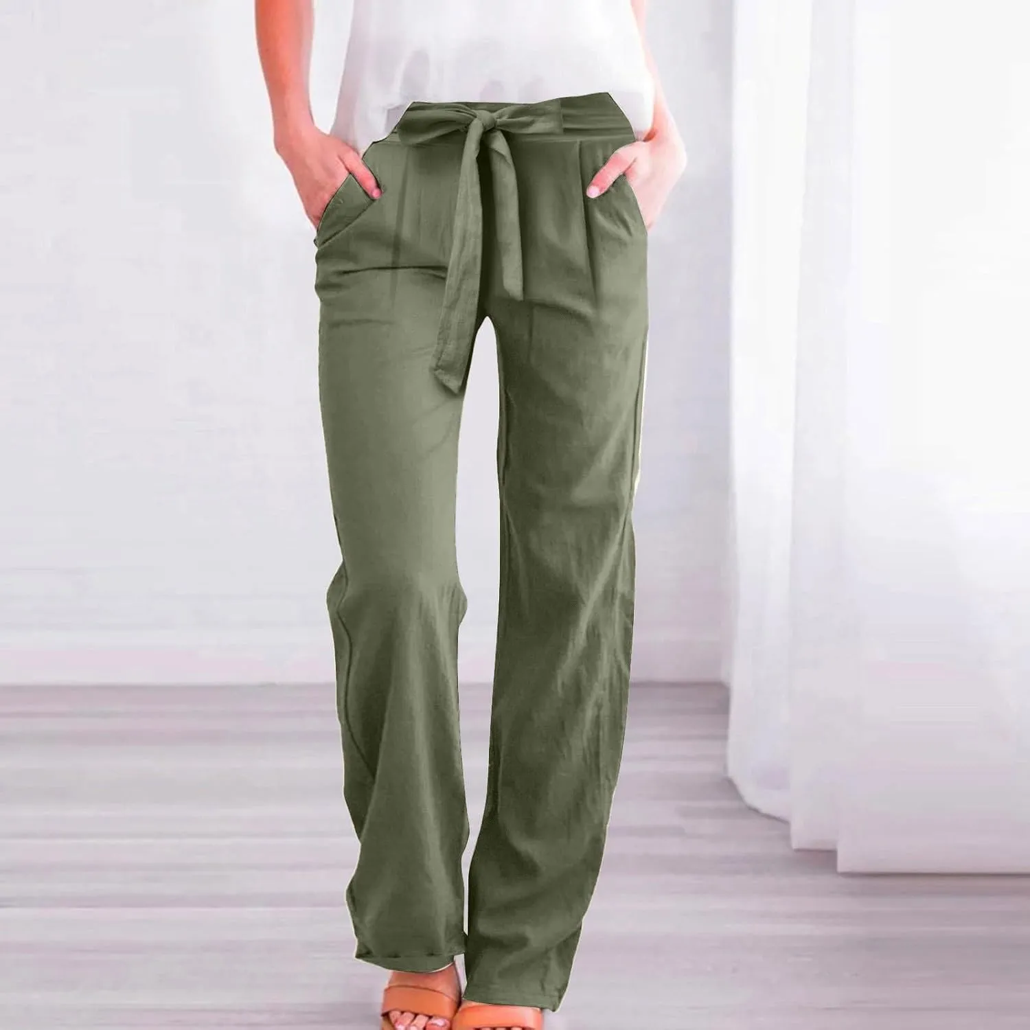 fanmpghleoo Linen Pants Women Summer Adjustable Tie Knot Straight Leg Trouser High Rise Lightweight Beach Pants with Pockets