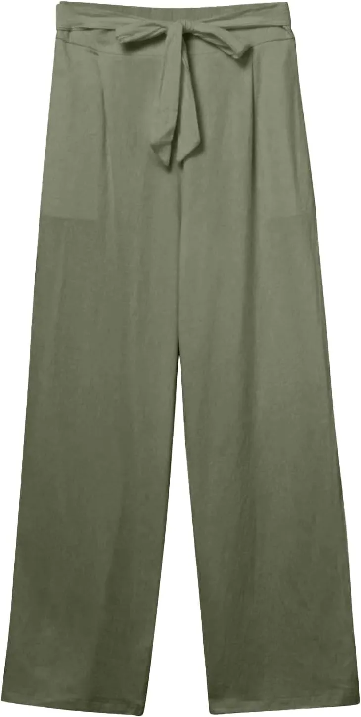 fanmpghleoo Linen Pants Women Summer Adjustable Tie Knot Straight Leg Trouser High Rise Lightweight Beach Pants with Pockets