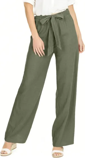 fanmpghleoo Linen Pants Women Summer Adjustable Tie Knot Straight Leg Trouser High Rise Lightweight Beach Pants with Pockets