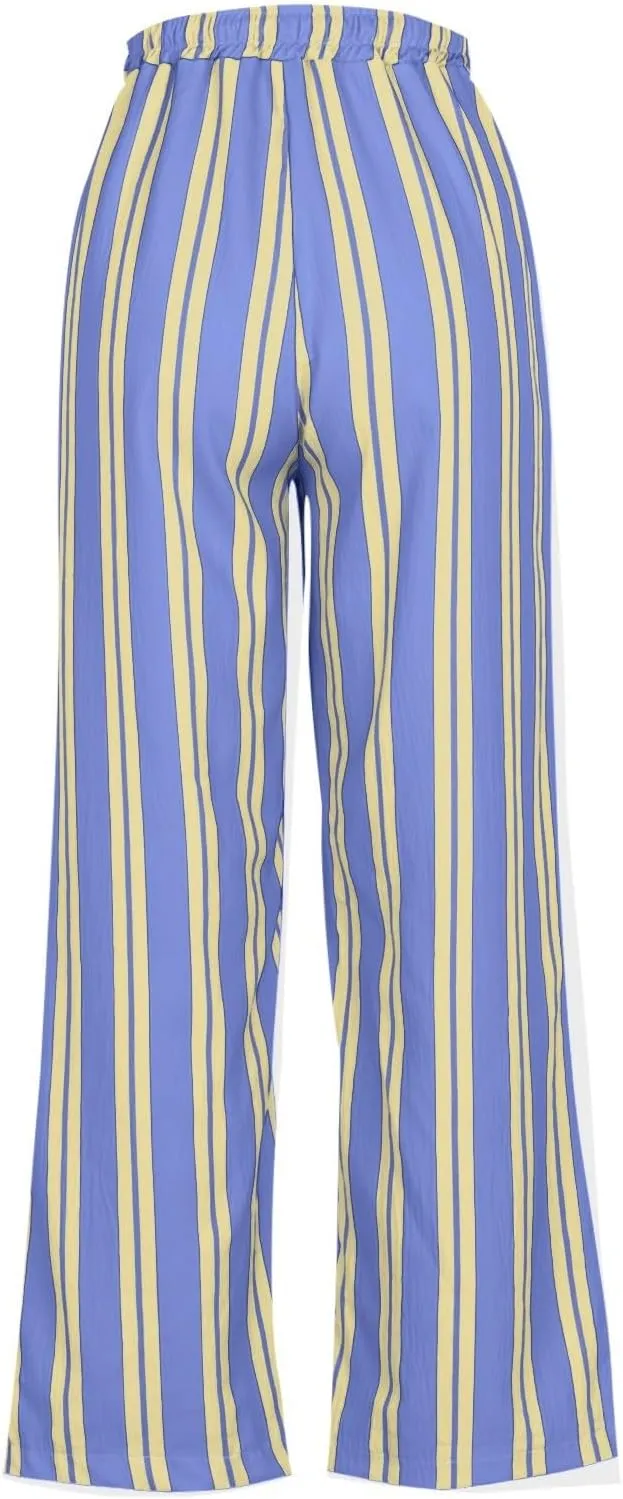 fanmpghleoo Striped Linen Pants Women Summer Drawstring Wide Leg Palazzo Pants for Women Casual High Waisted Linen Trosuers