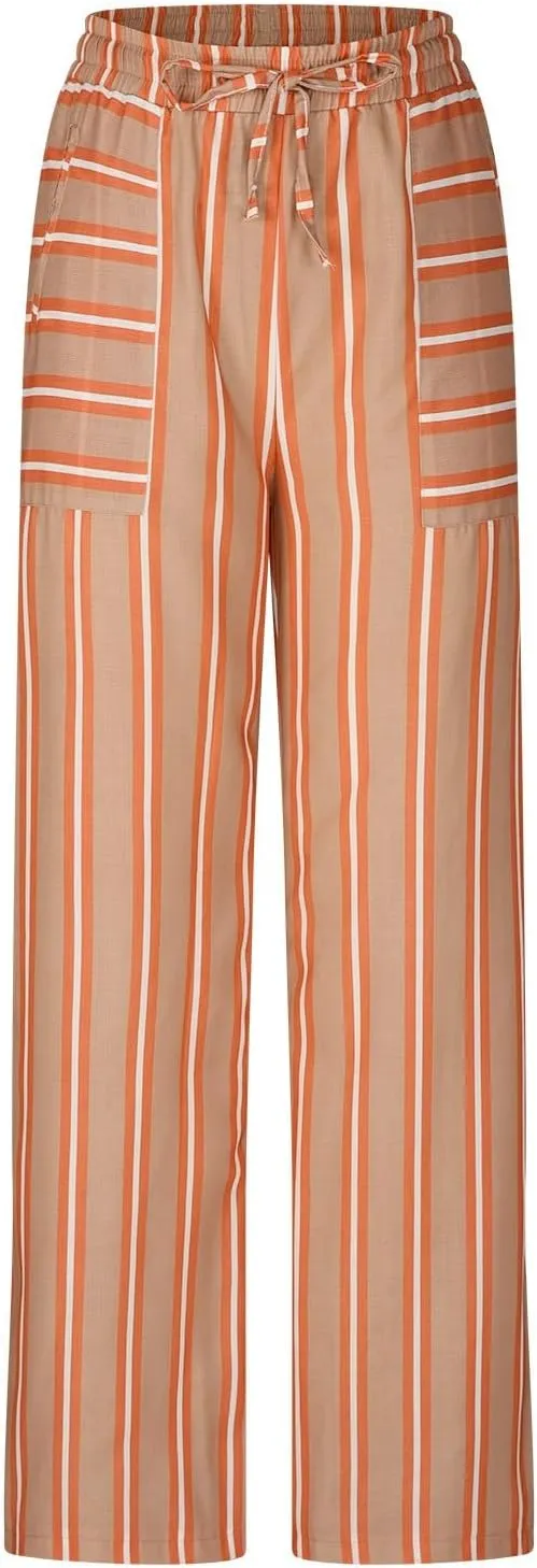 fanmpghleoo Striped Linen Pants Women Summer Drawstring Wide Leg Palazzo Pants for Women Casual High Waisted Linen Trosuers
