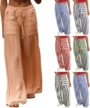 fanmpghleoo Striped Linen Pants Women Summer Drawstring Wide Leg Palazzo Pants for Women Casual High Waisted Linen Trosuers