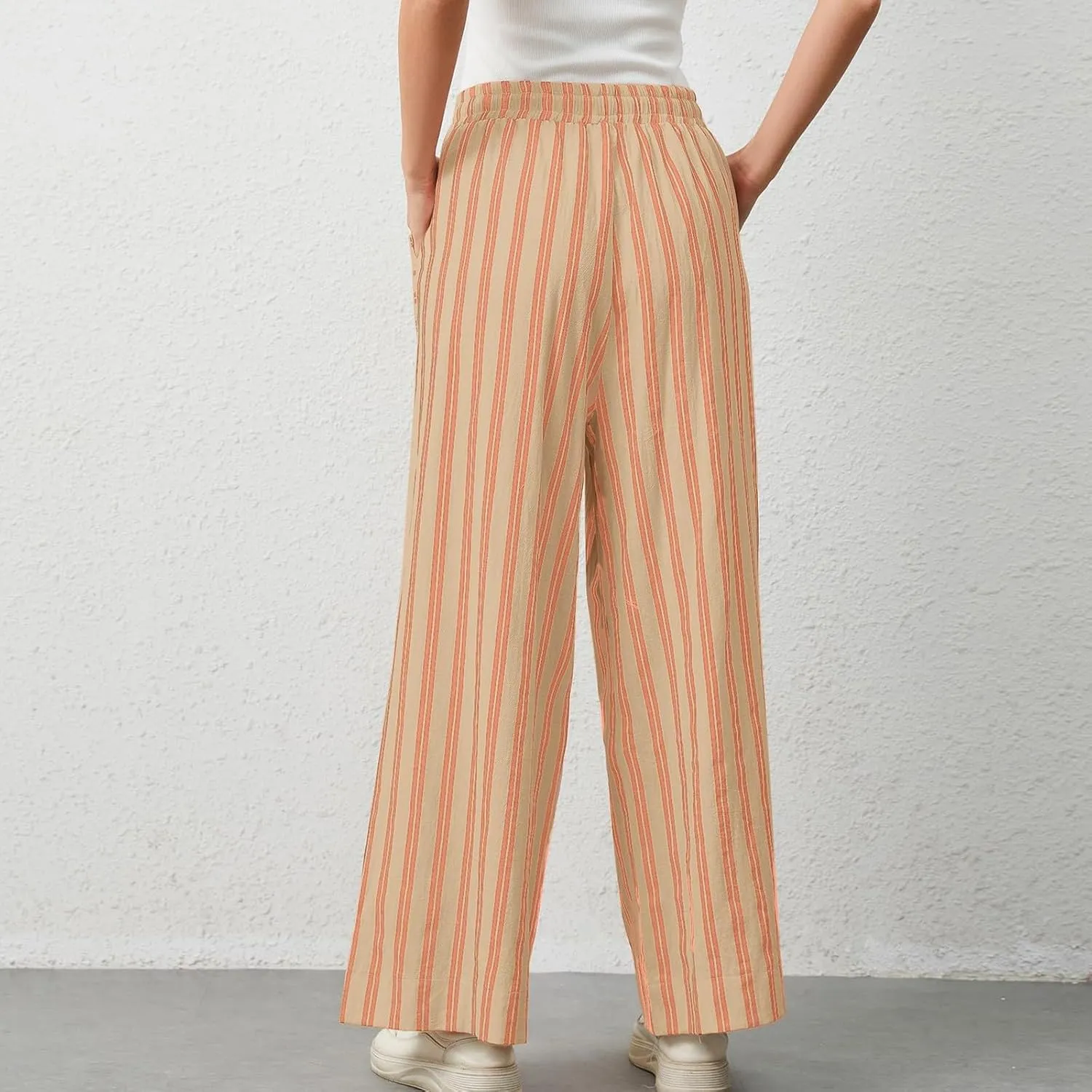 fanmpghleoo Striped Linen Pants Women Summer Drawstring Wide Leg Palazzo Pants for Women Casual High Waisted Linen Trosuers
