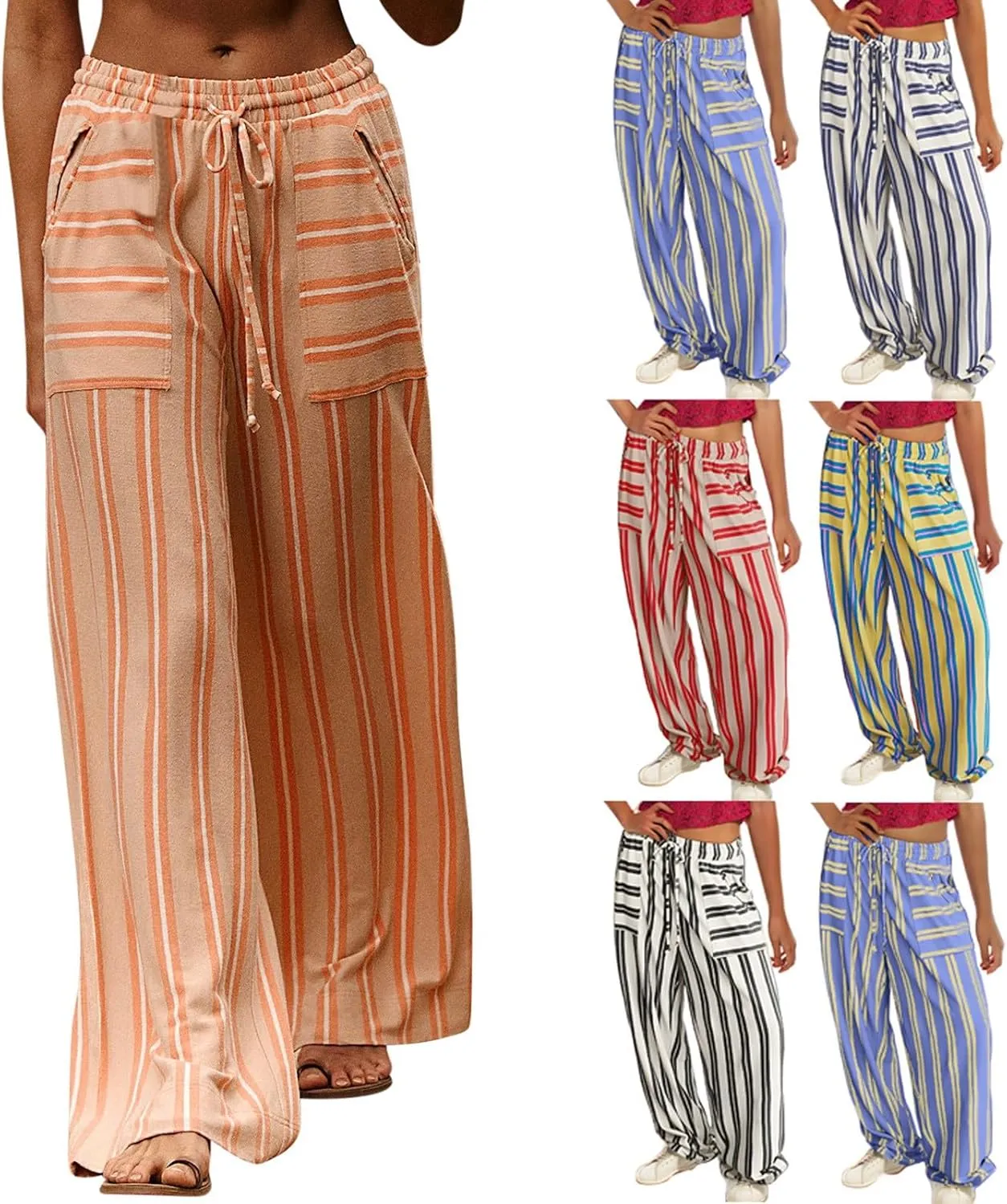 fanmpghleoo Striped Linen Pants Women Summer Drawstring Wide Leg Palazzo Pants for Women Casual High Waisted Linen Trosuers