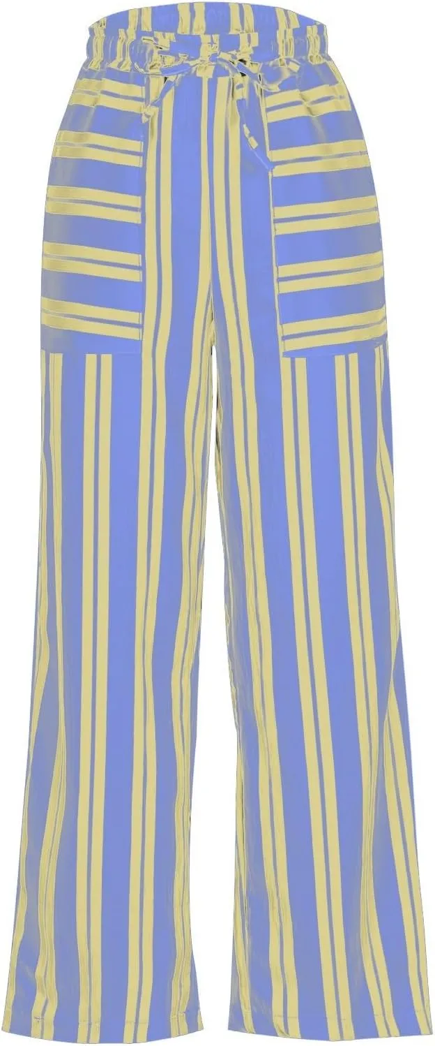 fanmpghleoo Striped Linen Pants Women Summer Drawstring Wide Leg Palazzo Pants for Women Casual High Waisted Linen Trosuers