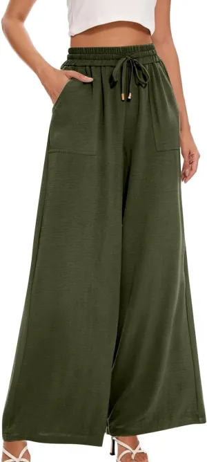 fanmpghleoo Wide Leg Linen Pants for Women Drawstring High Waisted Palazzo Pants Lounge Linen Trousers Flowy Boho Beach Pants