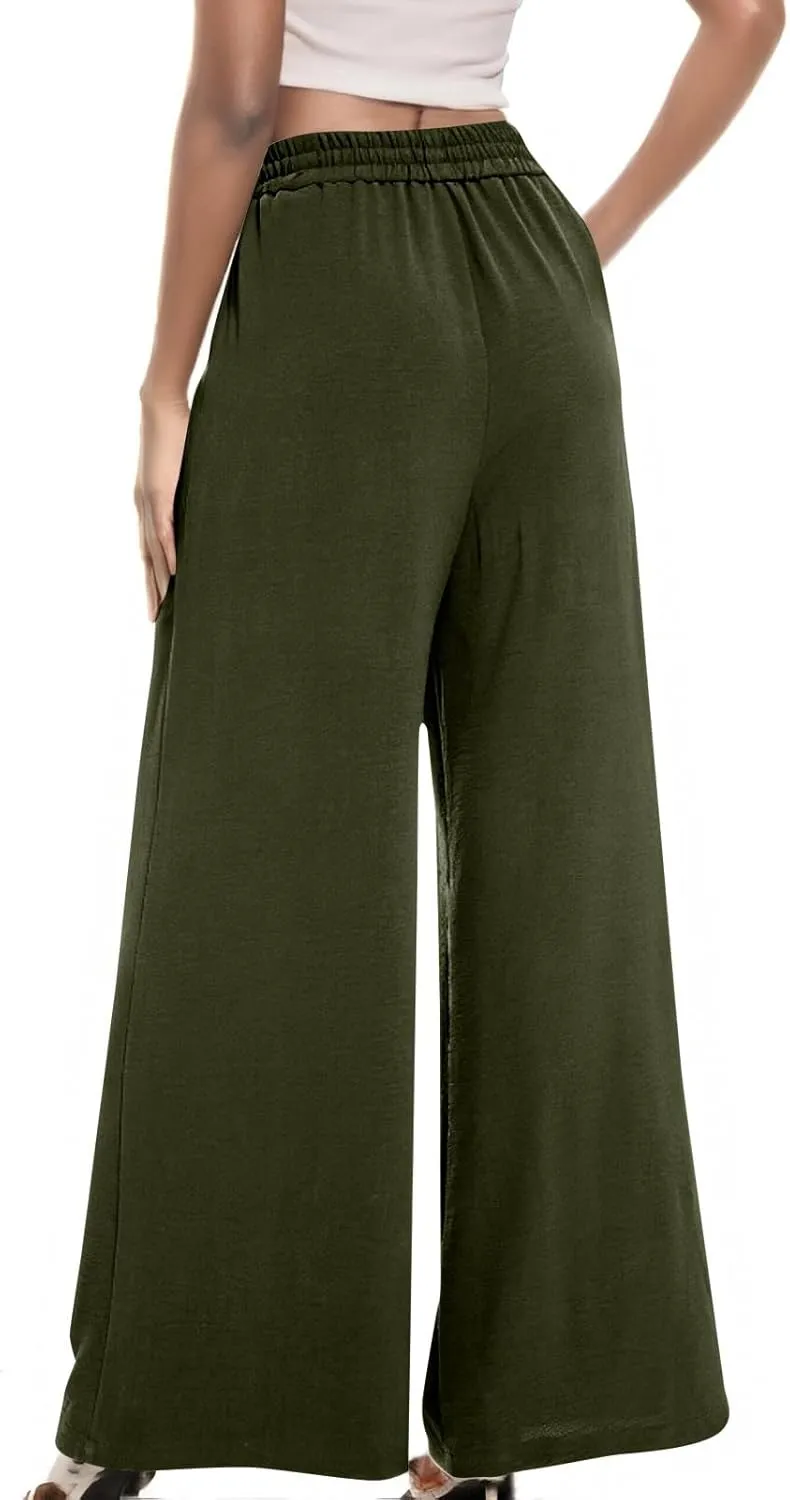 fanmpghleoo Wide Leg Linen Pants for Women Drawstring High Waisted Palazzo Pants Lounge Linen Trousers Flowy Boho Beach Pants