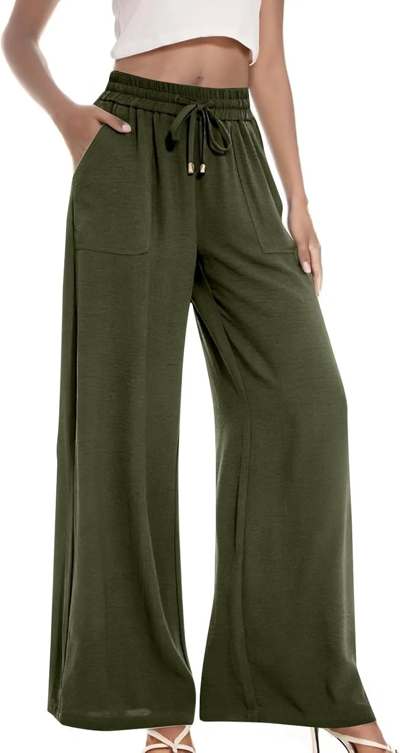 fanmpghleoo Wide Leg Linen Pants for Women Drawstring High Waisted Palazzo Pants Lounge Linen Trousers Flowy Boho Beach Pants