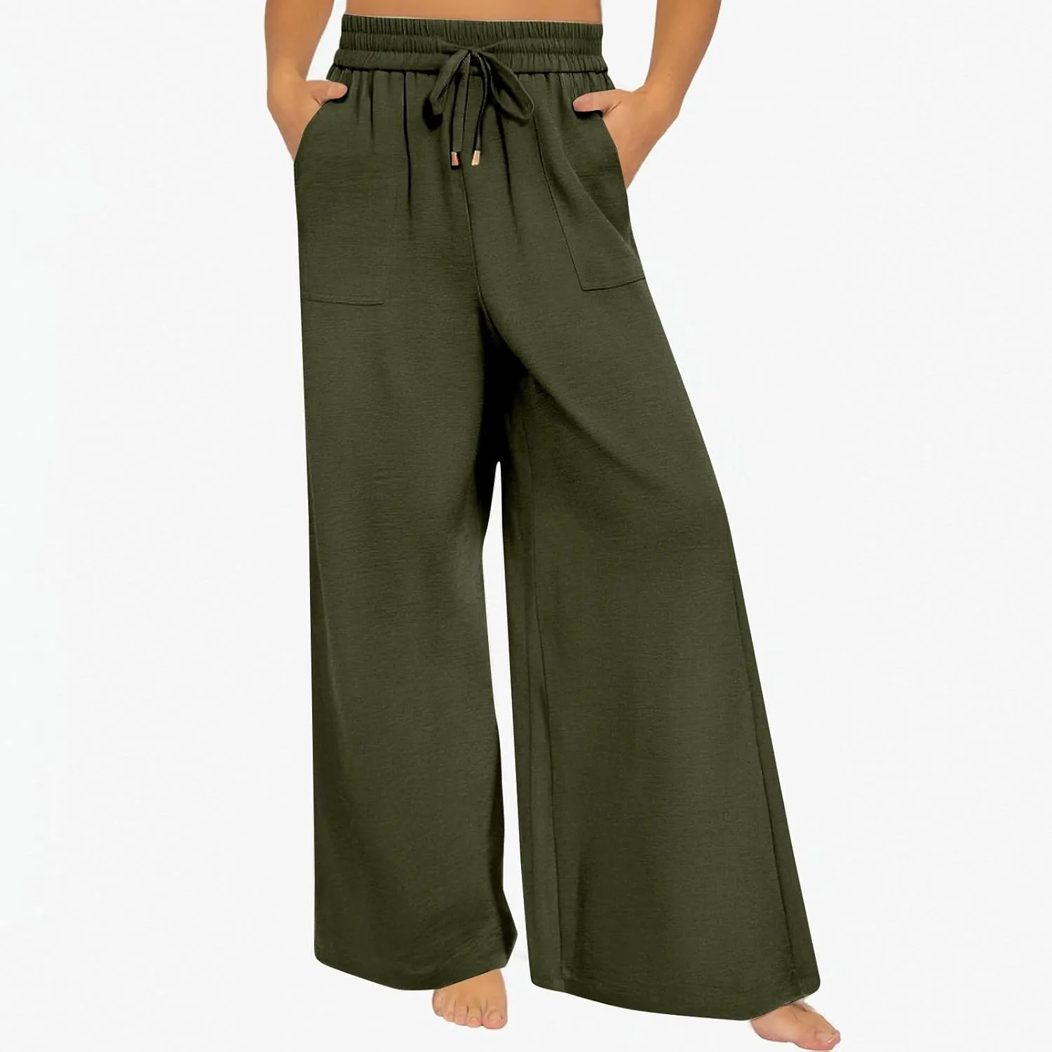 fanmpghleoo Wide Leg Linen Pants for Women Drawstring High Waisted Palazzo Pants Lounge Linen Trousers Flowy Boho Beach Pants
