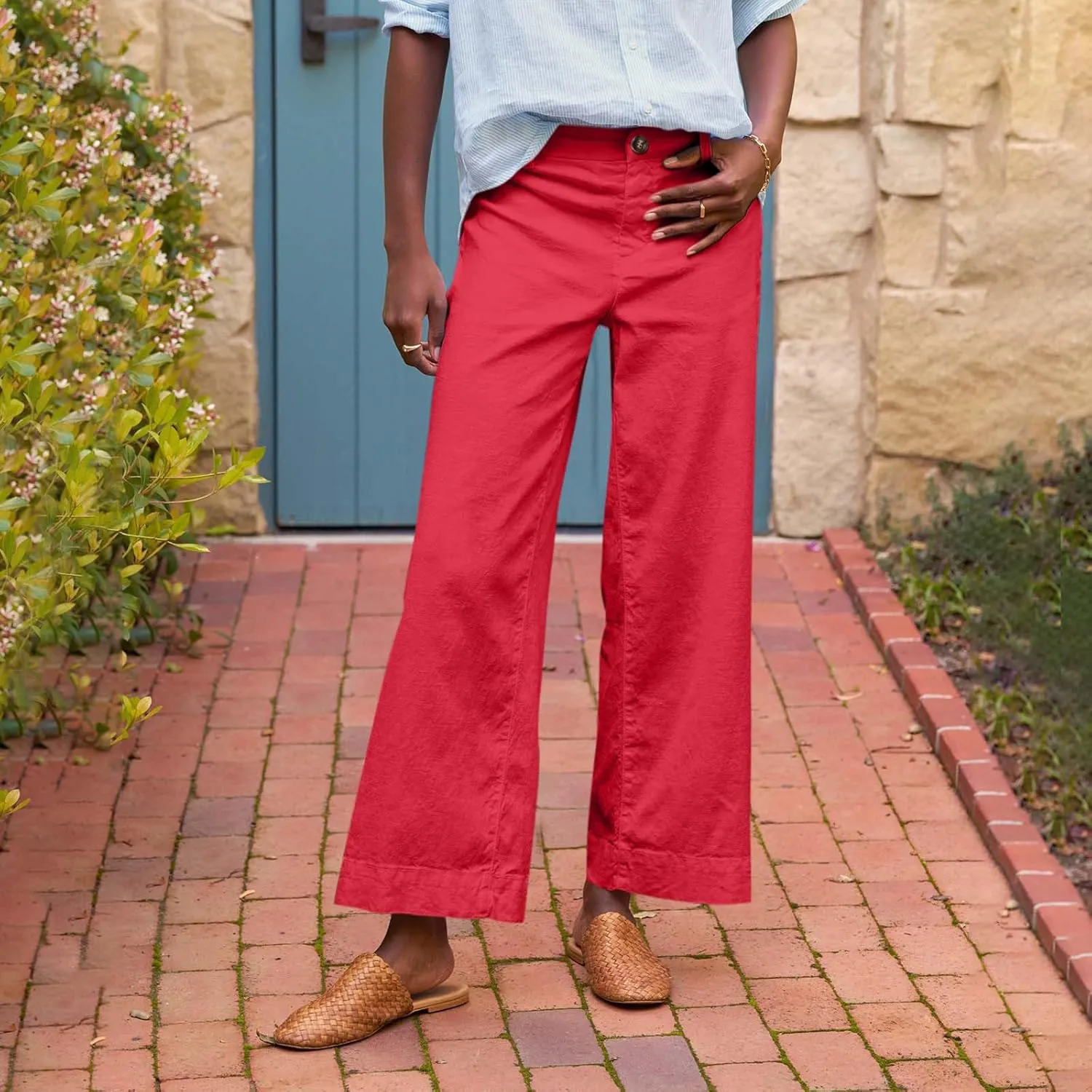 fanmpghleoo Woman Linen Pants High Waist Wide Leg Lightweight Linen Pants Casual Loose Fit Linen Cropped Pants Summer 2025