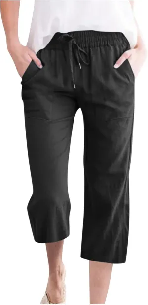 Fashion Capri Pants for Women Casual Solid Color Elastic Loose Pants Straight Wide Leg Trousers with Pocket