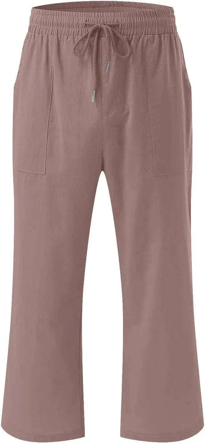 Fashion Capri Pants for Women Casual Solid Color Elastic Loose Pants Straight Wide Leg Trousers with Pocket