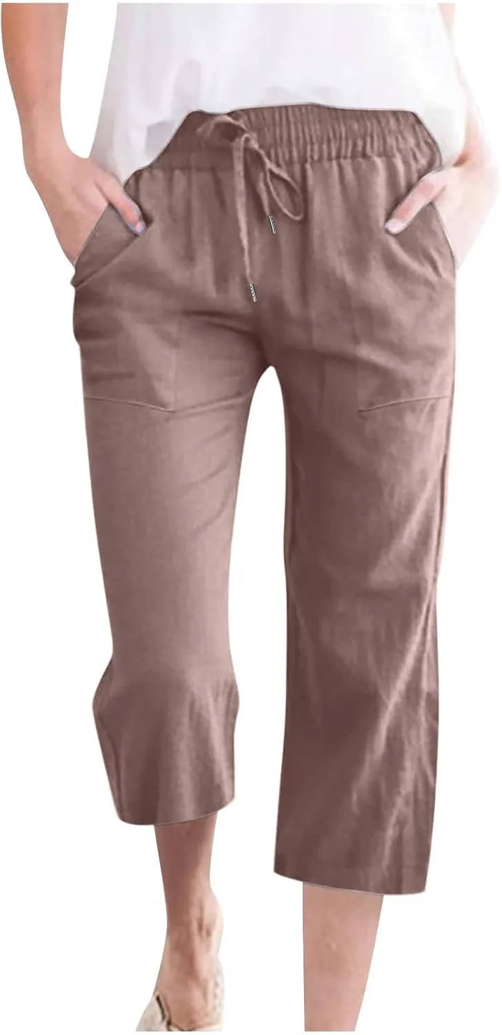 Fashion Capri Pants for Women Casual Solid Color Elastic Loose Pants Straight Wide Leg Trousers with Pocket