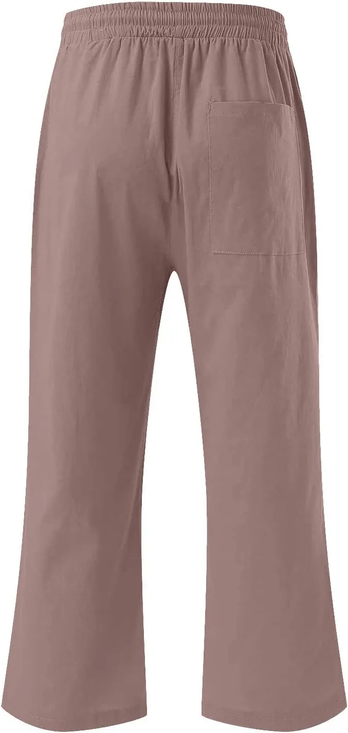 Fashion Capri Pants for Women Casual Solid Color Elastic Loose Pants Straight Wide Leg Trousers with Pocket