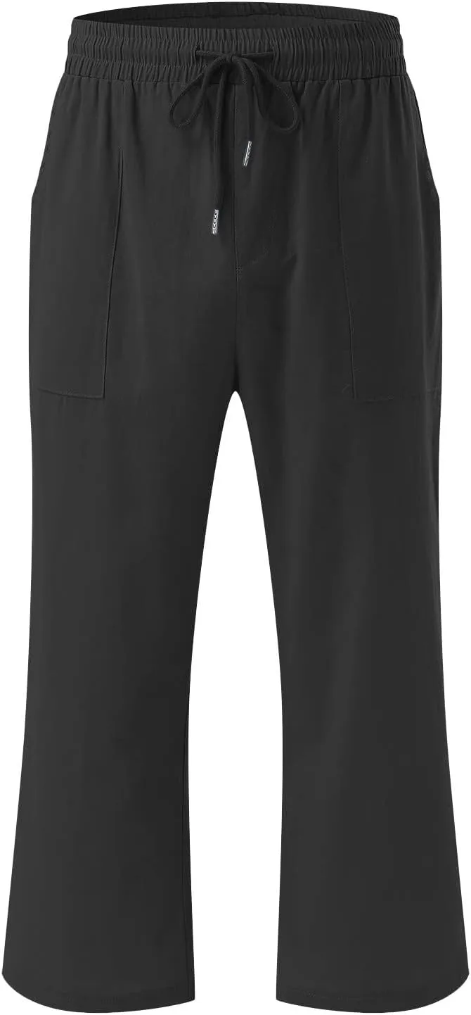 Fashion Capri Pants for Women Casual Solid Color Elastic Loose Pants Straight Wide Leg Trousers with Pocket