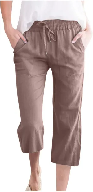 Fashion Capri Pants for Women Casual Solid Color Elastic Loose Pants Straight Wide Leg Trousers with Pocket