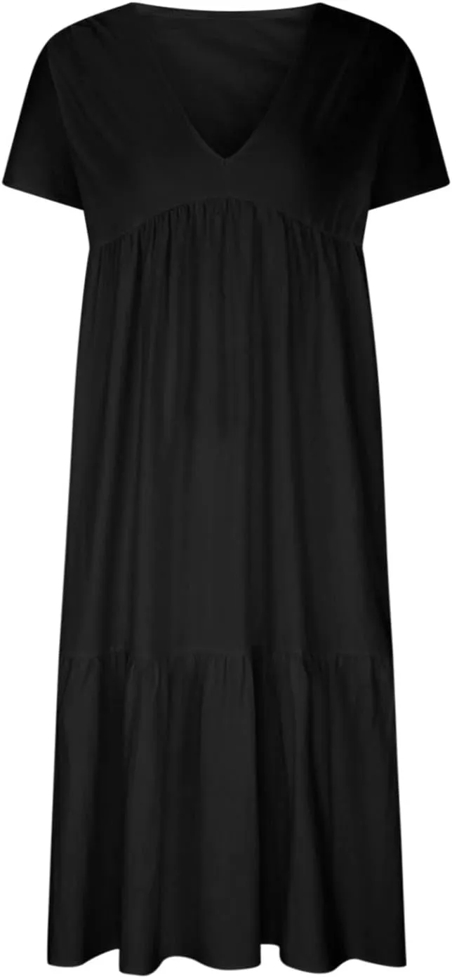 Finelylove Women's Casual Summer Dresses V Ncek Linen Shift Dress Loose Fit Comfy T-Shirt Dress Midi Beach Veacation Sundress