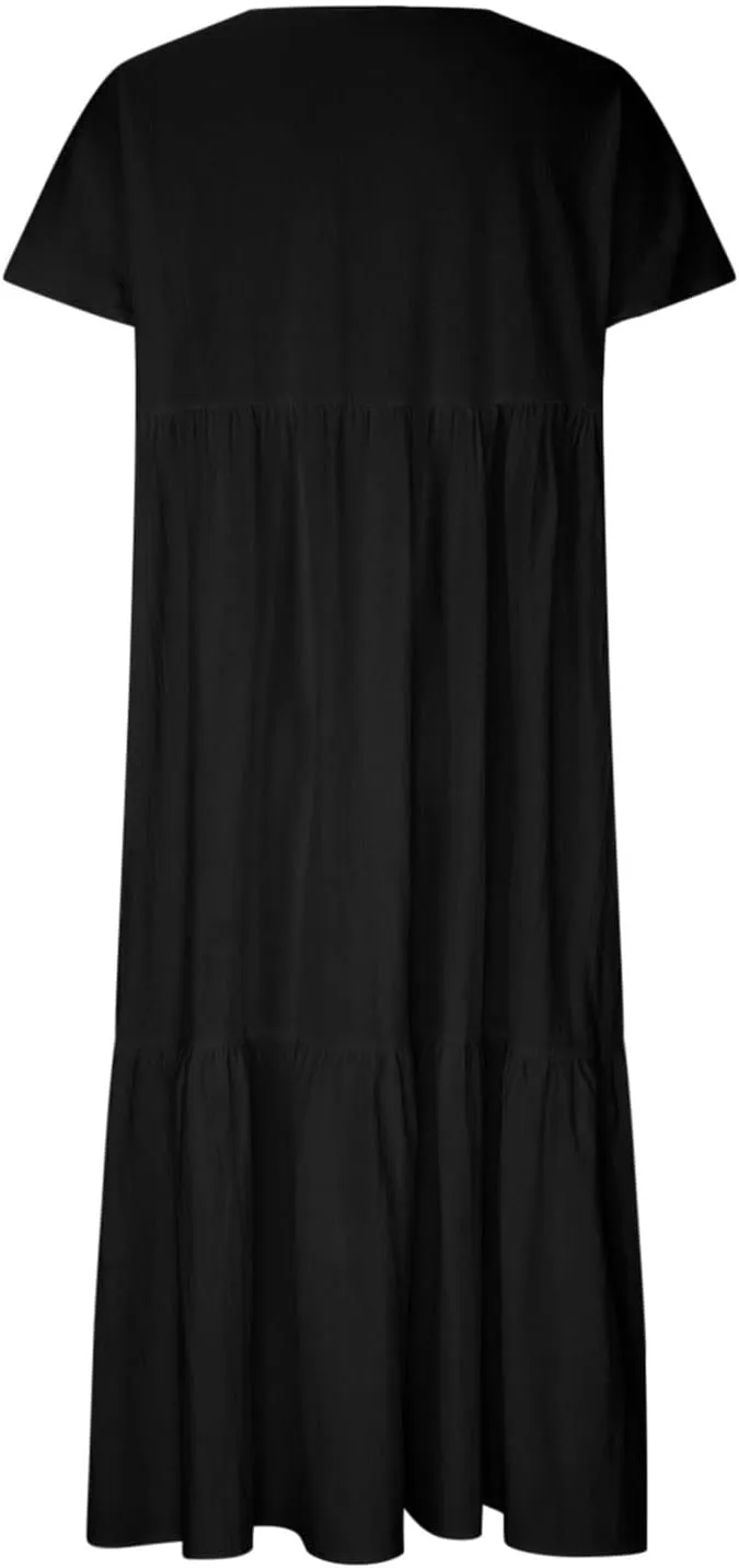 Finelylove Women's Casual Summer Dresses V Ncek Linen Shift Dress Loose Fit Comfy T-Shirt Dress Midi Beach Veacation Sundress